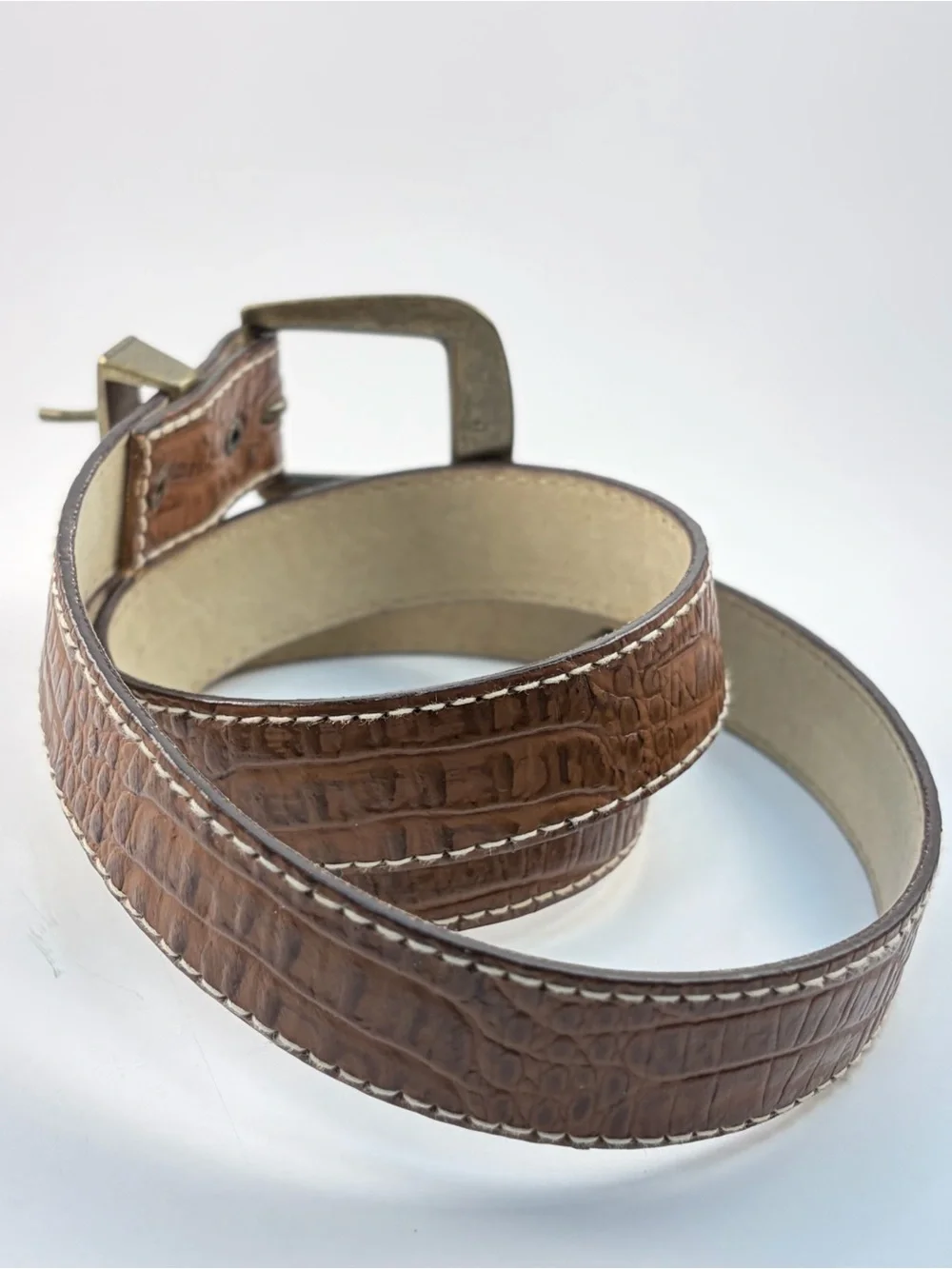 Vintage Brown Faux Crocodile Alligator Leather Belt Brass Buckle Tip Size 12 USA